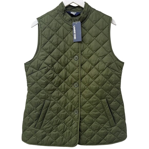 Lands' End Jackets & Blazers - LANDS END Womens Quilted Vest Medium Olive Green Button Front Utility Preppy NWT